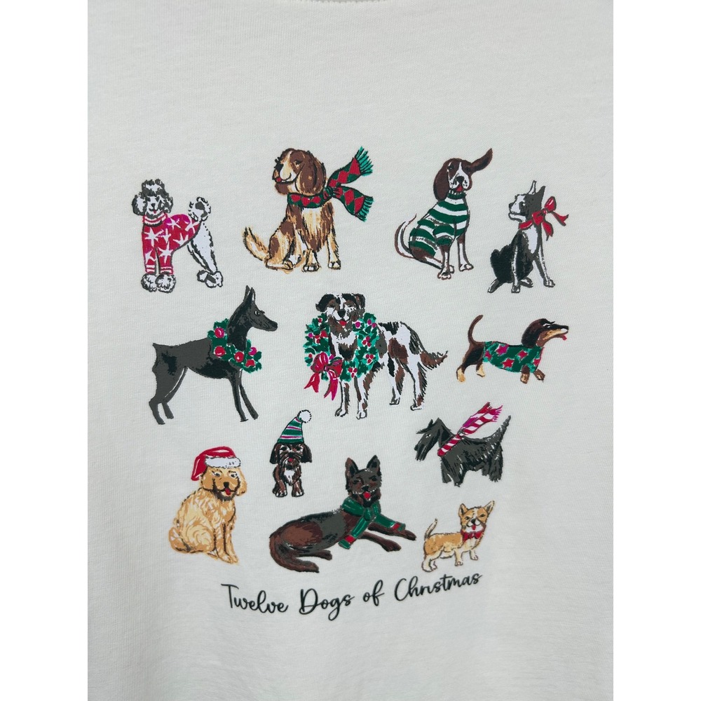 Talbots Twelve Dogs of Christmas Top Womens M Cream L/S Holiday Graphic Tee Cozy